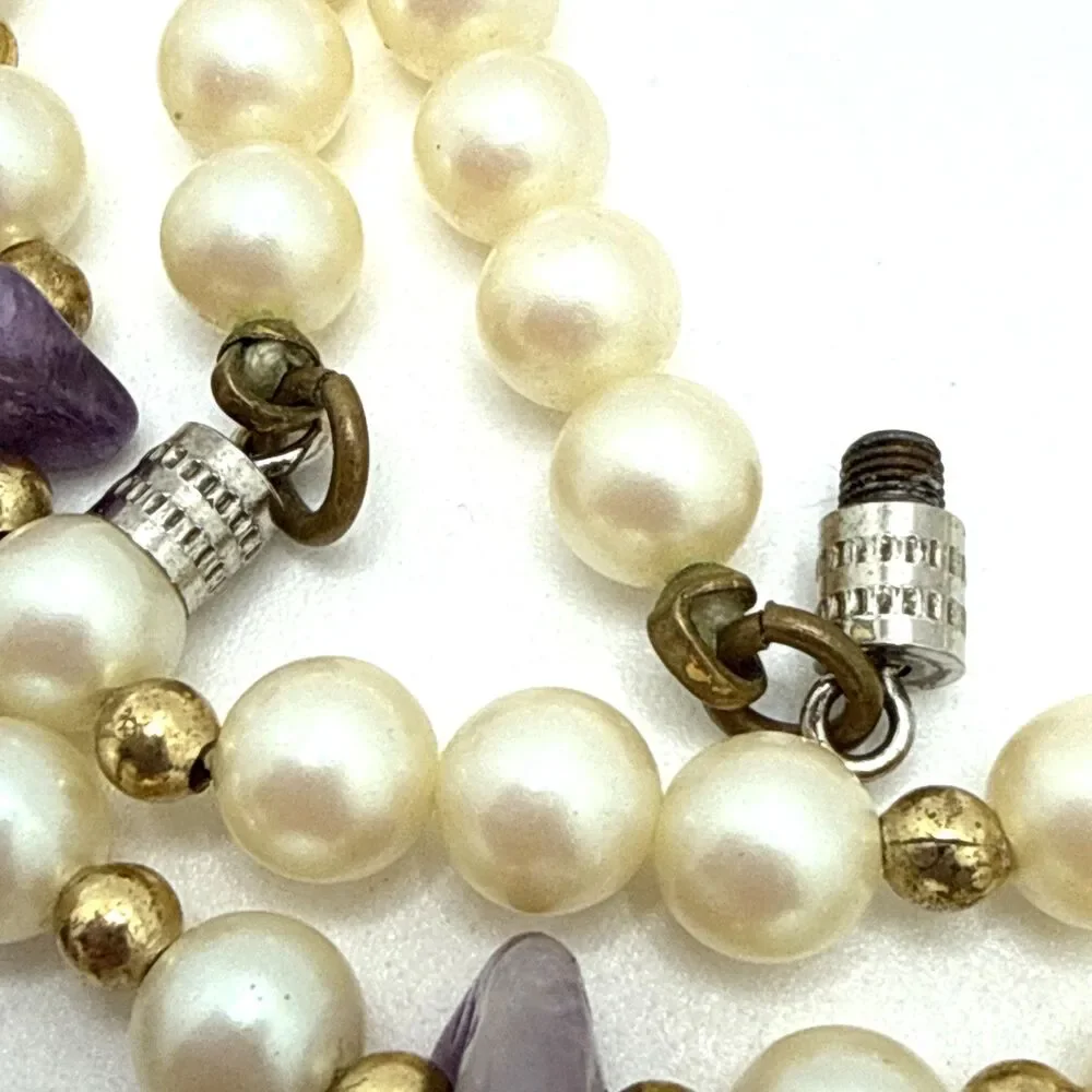 Vintage Faux Pearl Amethyst Chip Station Necklace Long Stone Boho Energy Calming